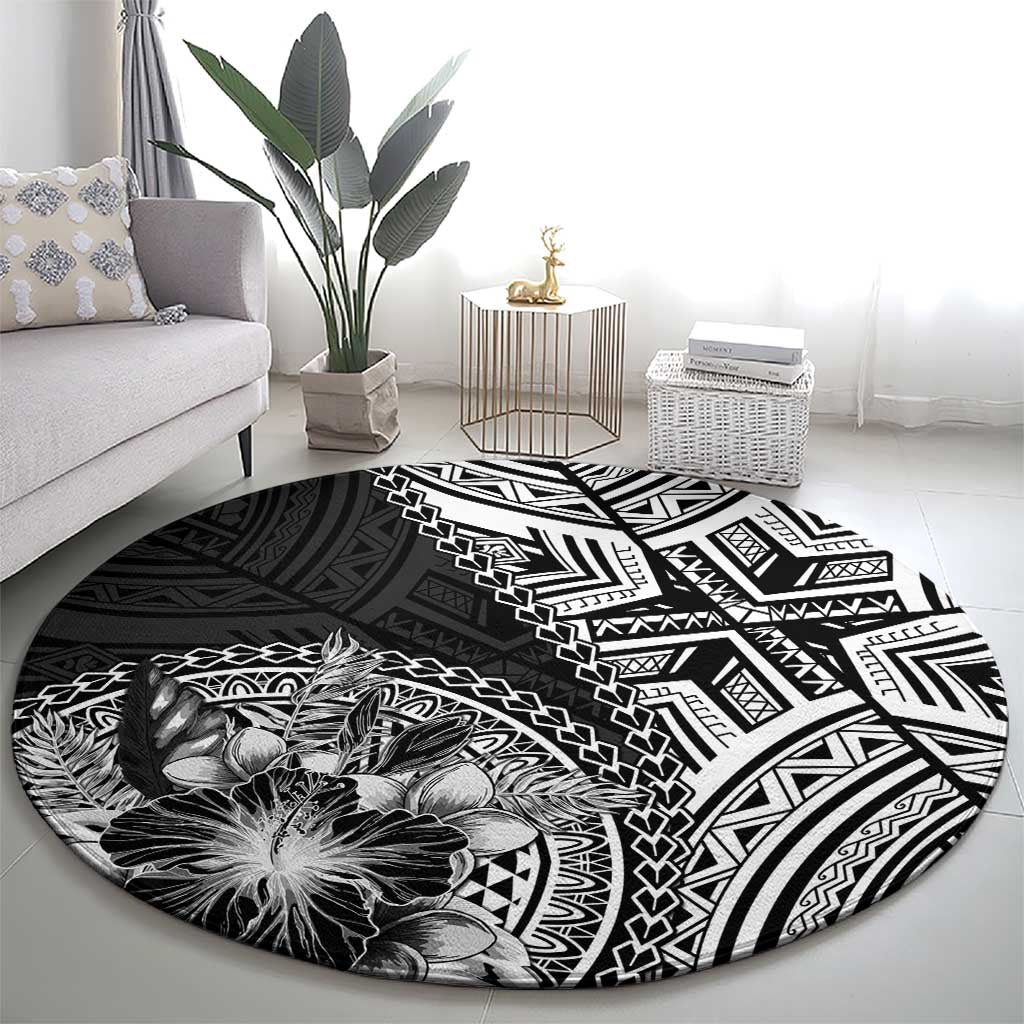 Hibiscus With Black Austronesian Tattoo Pattern Round Carpet - Polynesian Pride