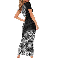 Hibiscus With Black Austronesian Tattoo Pattern Short Sleeve Bodycon Dress - Polynesian Pride