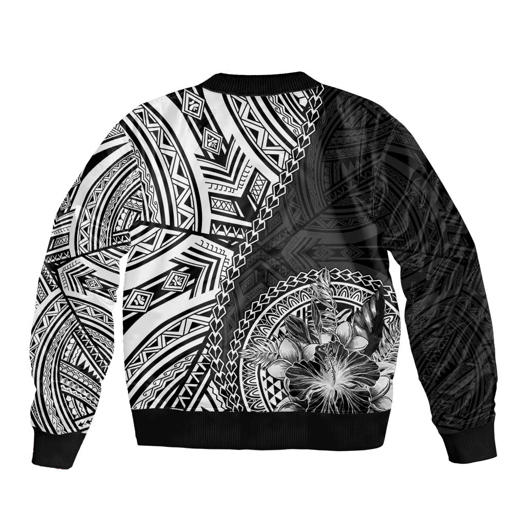Hibiscus With Black Austronesian Tattoo Pattern Sleeve Zip Bomber Jacket - Polynesian Pride