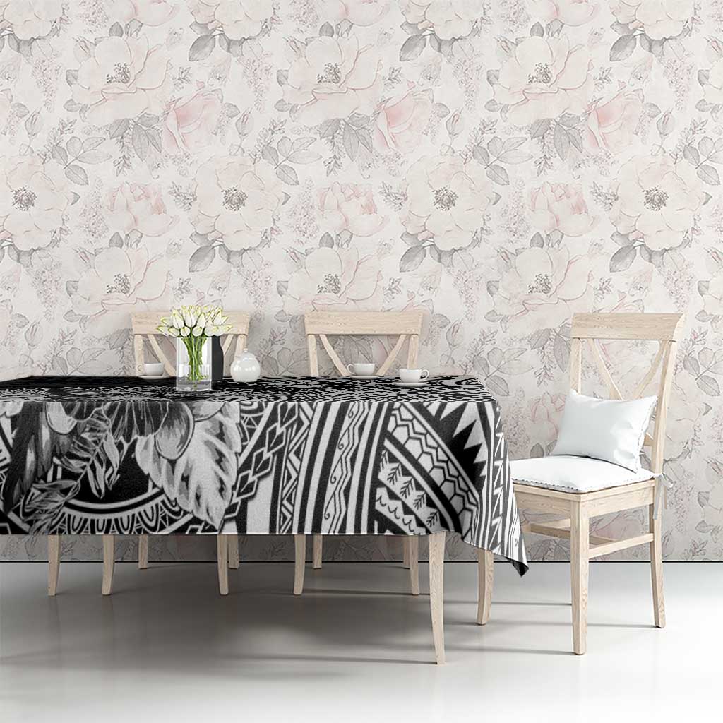 Hibiscus With Black Austronesian Tattoo Pattern Tablecloth - Polynesian Pride