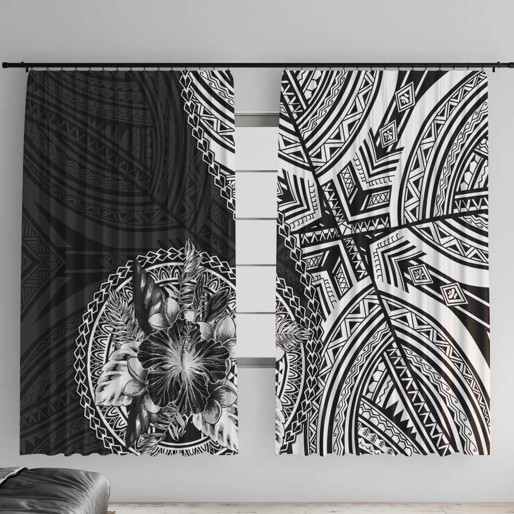 Hibiscus With Black Austronesian Tattoo Pattern Window Curtain LT05 With Hooks Black - Polynesian Pride