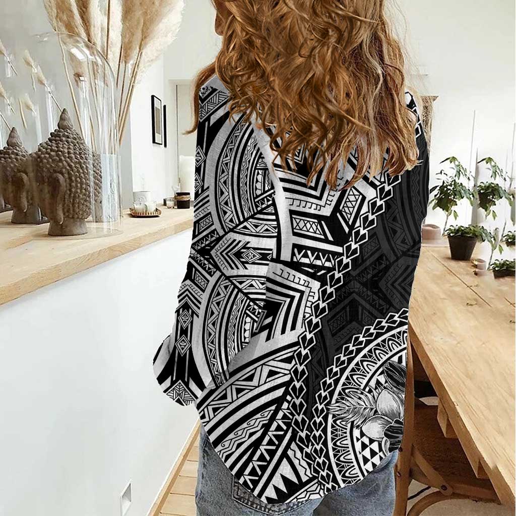 Hibiscus With Black Austronesian Tattoo Pattern Women Casual Shirt - Polynesian Pride