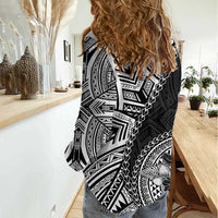 Hibiscus With Black Austronesian Tattoo Pattern Women Casual Shirt - Polynesian Pride