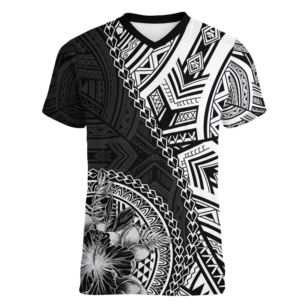 Hibiscus With Black Austronesian Tattoo Pattern Women V-Neck T-Shirt - Polynesian Pride