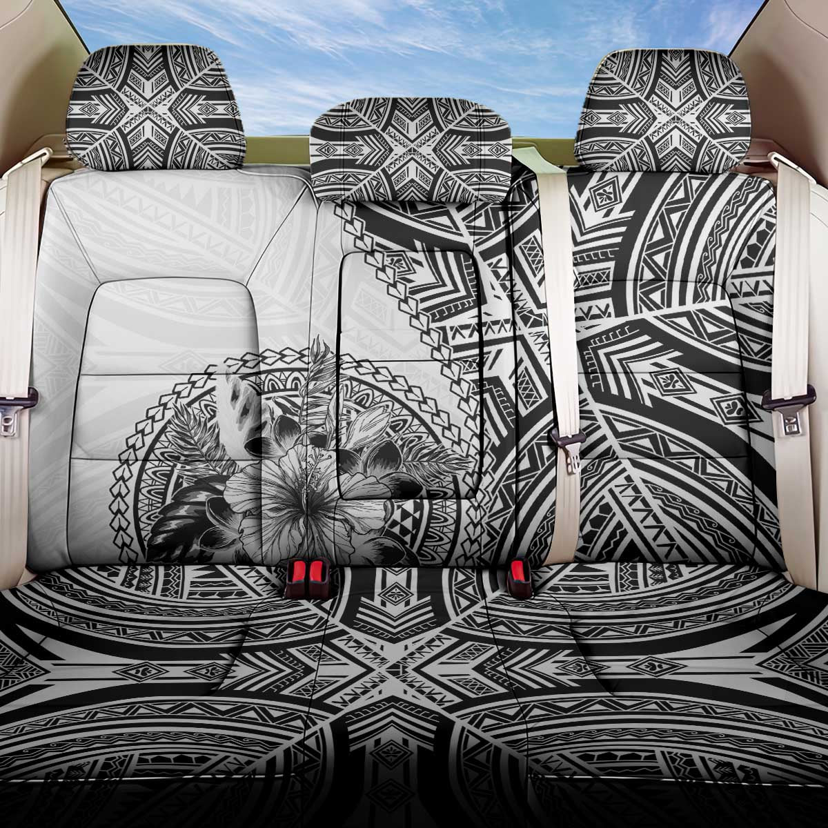Hibiscus With White Austronesian Tattoo Pattern Back Car Seat Cover - Polynesian Pride