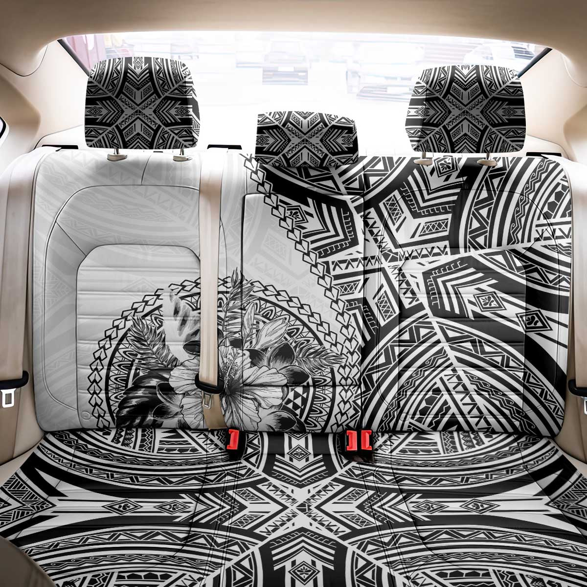 Hibiscus With White Austronesian Tattoo Pattern Back Car Seat Cover - Polynesian Pride