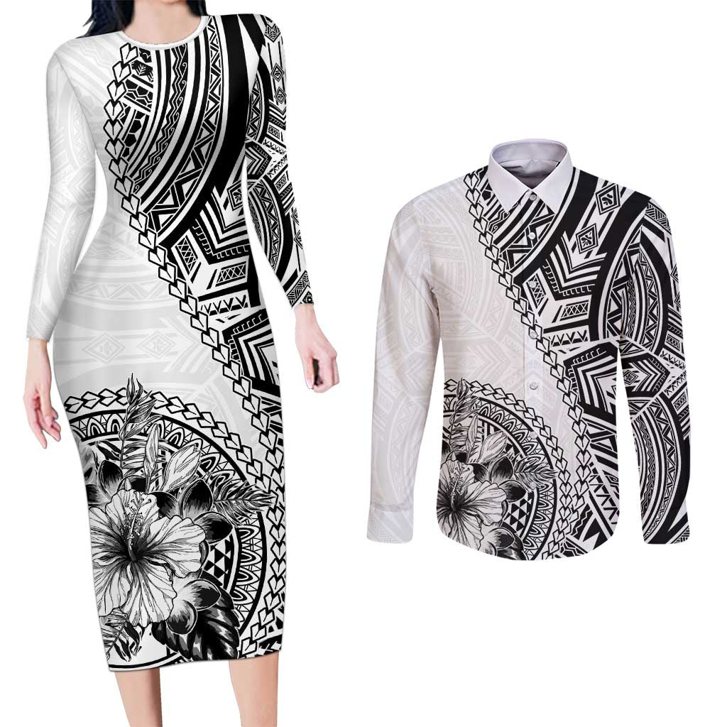 Hibiscus With White Austronesian Tattoo Pattern Couples Matching Long Sleeve Bodycon Dress and Long Sleeve Button Shirt - Polynesian Pride