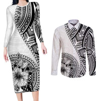 Hibiscus With White Austronesian Tattoo Pattern Couples Matching Long Sleeve Bodycon Dress and Long Sleeve Button Shirt - Polynesian Pride