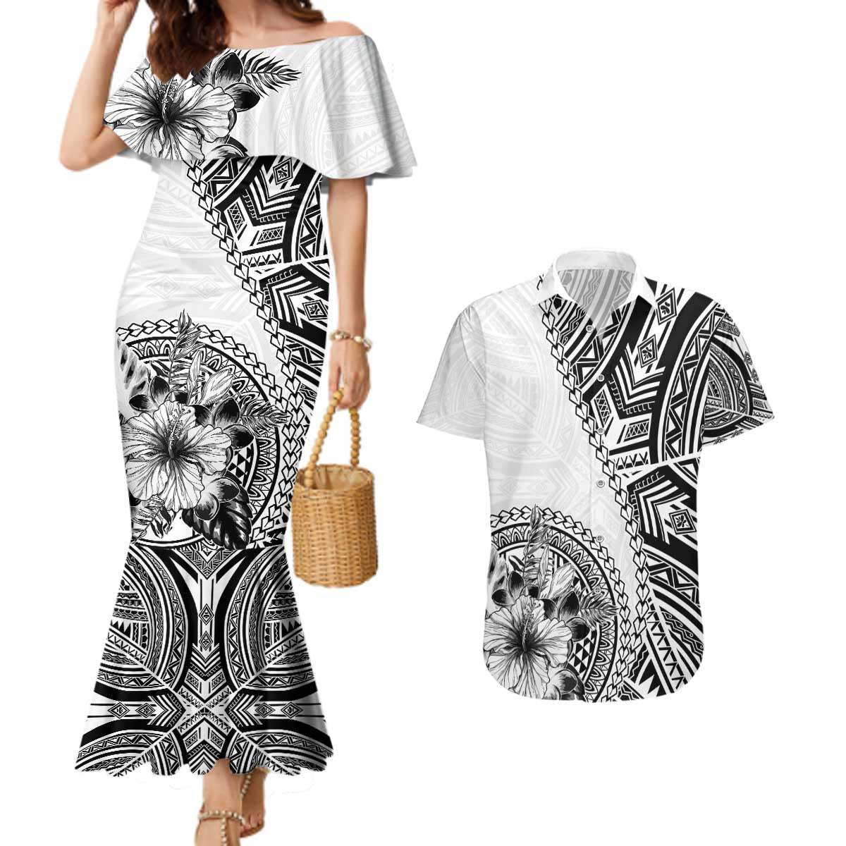 Hibiscus With White Austronesian Tattoo Pattern Couples Matching Mermaid Dress and Hawaiian Shirt - Polynesian Pride