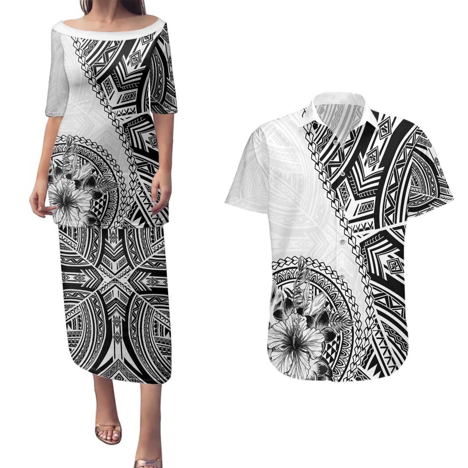 Hibiscus With White Austronesian Tattoo Pattern Couples Matching Puletasi and Hawaiian Shirt LT05 White - Polynesian Pride