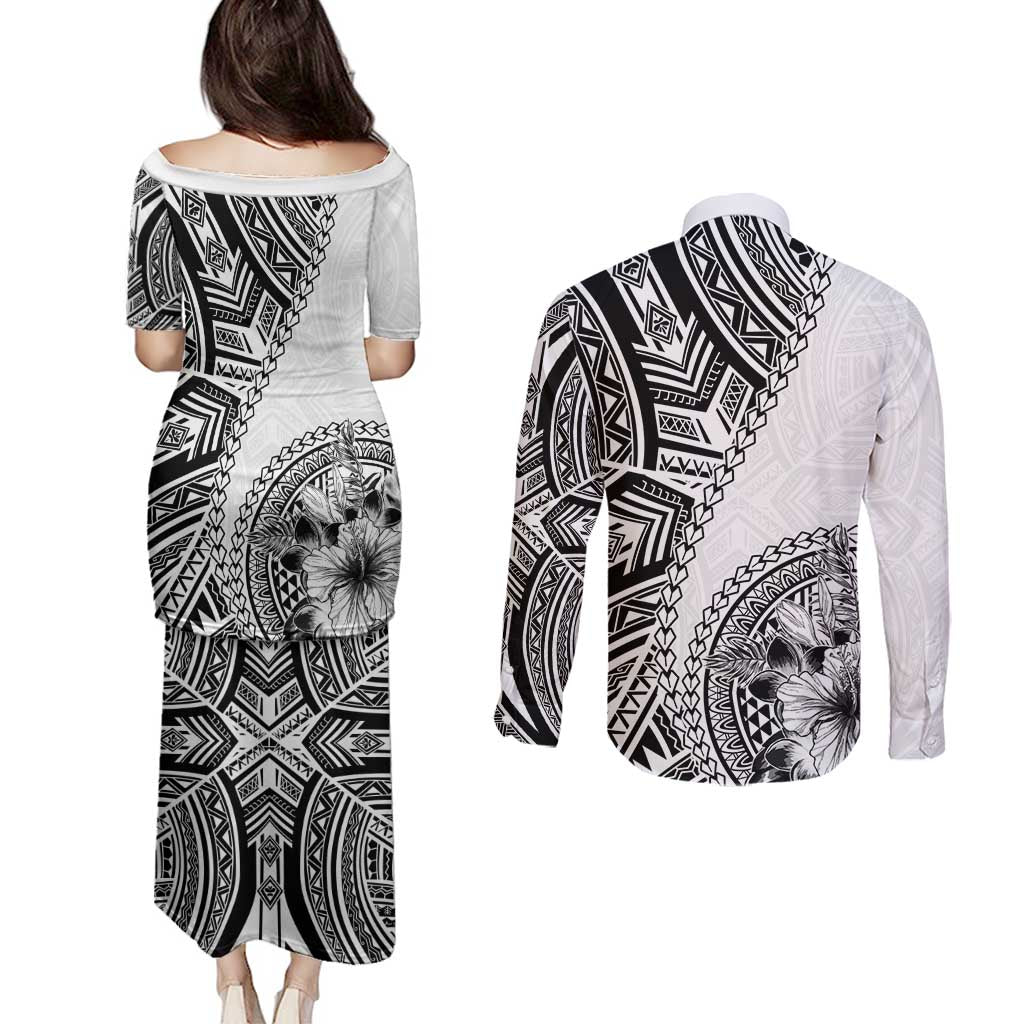 Hibiscus With White Austronesian Tattoo Pattern Couples Matching Puletasi and Long Sleeve Button Shirt - Polynesian Pride