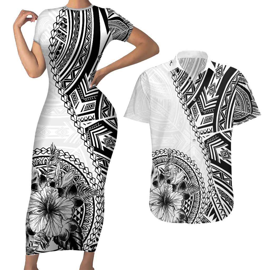 Hibiscus With White Austronesian Tattoo Pattern Couples Matching Short Sleeve Bodycon Dress and Hawaiian Shirt - Polynesian Pride