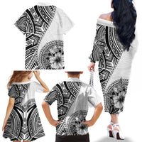 Hibiscus With White Austronesian Tattoo Pattern Family Matching Off The Shoulder Long Sleeve Dress and Hawaiian Shirt - Polynesian Pride