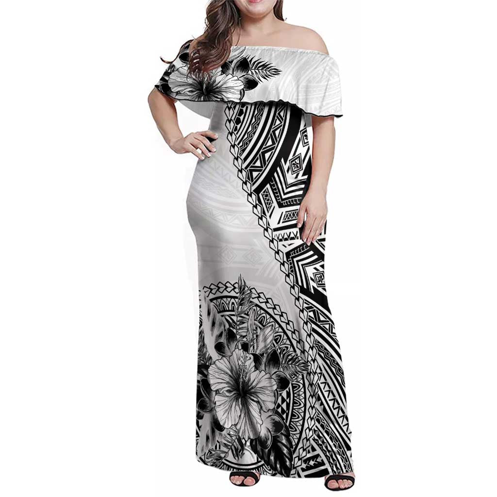 Hibiscus With White Austronesian Tattoo Pattern Family Matching Off Shoulder Maxi Dress and Hawaiian Shirt - Polynesian Pride