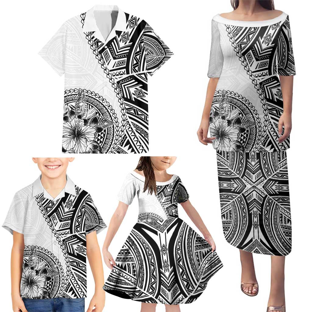 Hibiscus With White Austronesian Tattoo Pattern Family Matching Puletasi and Hawaiian Shirt - Polynesian Pride