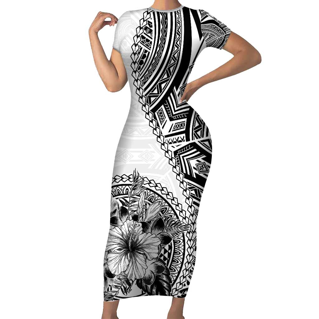 Hibiscus With White Austronesian Tattoo Pattern Family Matching Short Sleeve Bodycon Dress and Hawaiian Shirt - Polynesian Pride