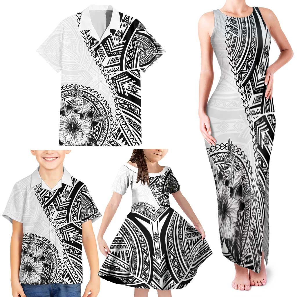Hibiscus With White Austronesian Tattoo Pattern Family Matching Tank Maxi Dress and Hawaiian Shirt - Polynesian Pride