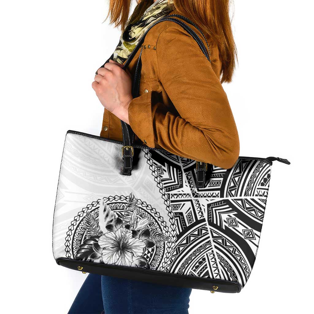 Hibiscus With White Austronesian Tattoo Pattern Leather Tote Bag LT05 White - Polynesian Pride