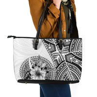 Hibiscus With White Austronesian Tattoo Pattern Leather Tote Bag - Polynesian Pride