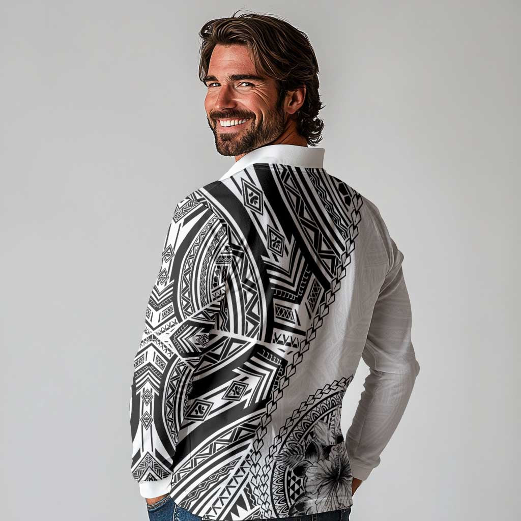 Hibiscus With White Austronesian Tattoo Pattern Long Sleeve Polo Shirt LT05 - Polynesian Pride