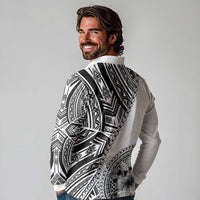 Hibiscus With White Austronesian Tattoo Pattern Long Sleeve Polo Shirt LT05 - Polynesian Pride