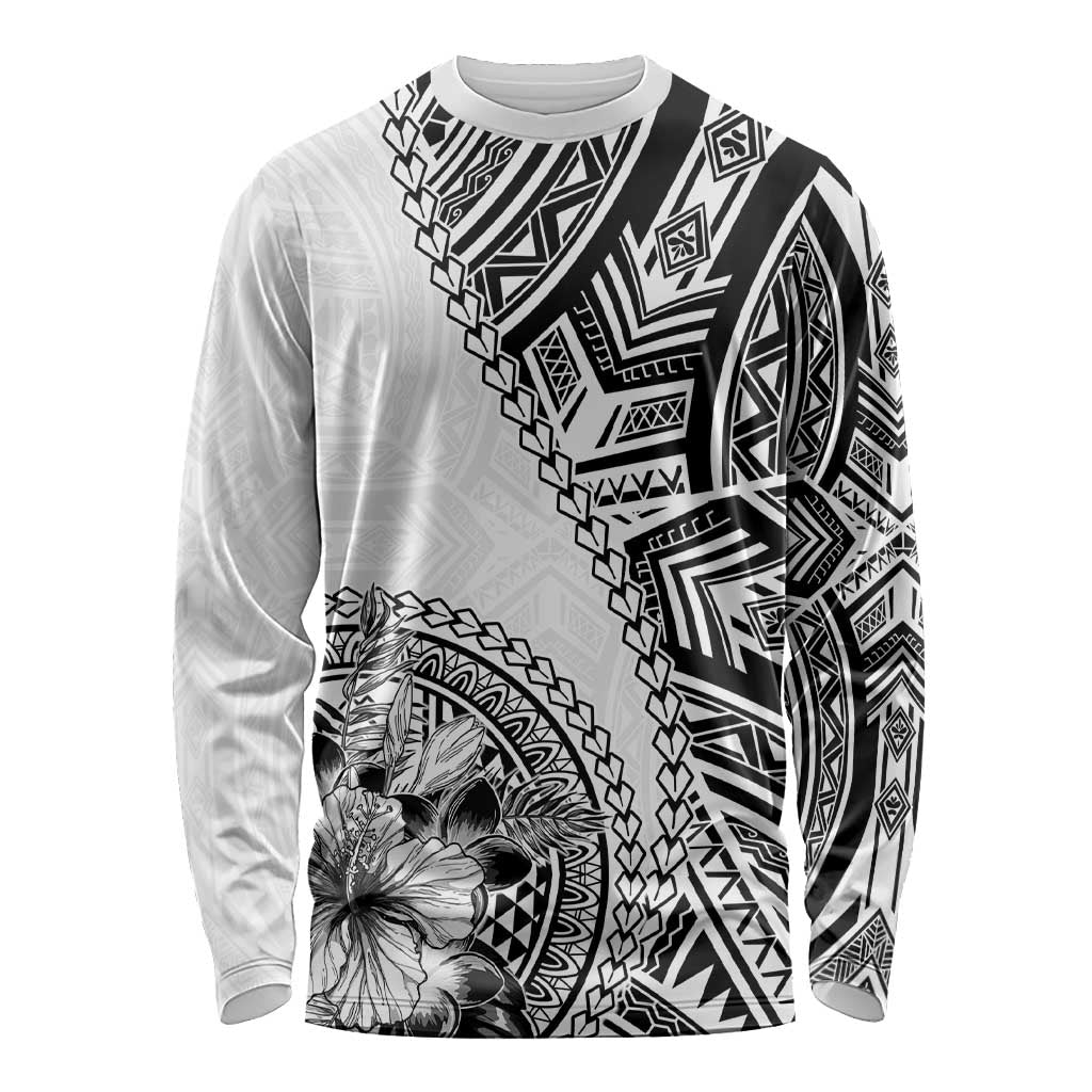 Hibiscus With White Austronesian Tattoo Pattern Long Sleeve Shirt LT05 Unisex White - Polynesian Pride