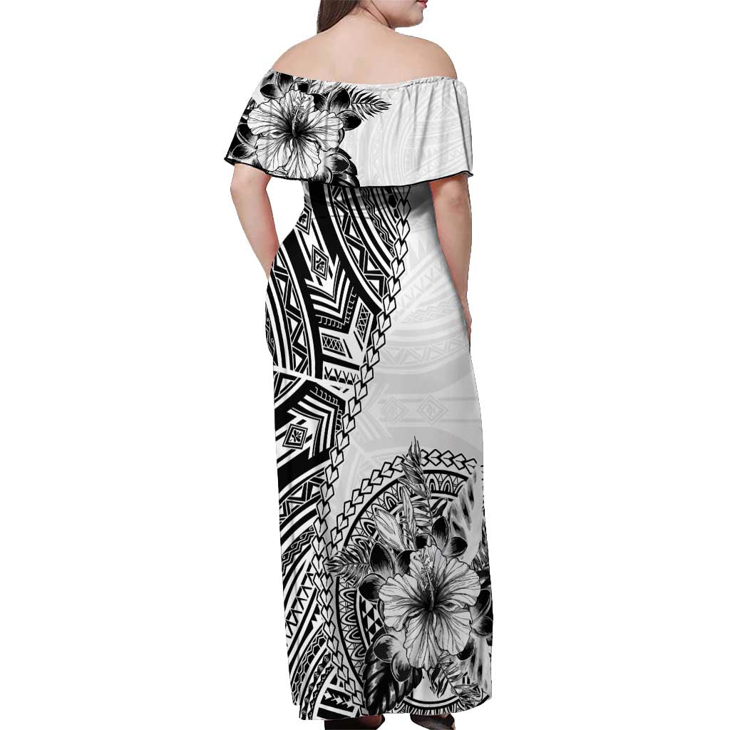 Hibiscus With White Austronesian Tattoo Pattern Off Shoulder Maxi Dress - Polynesian Pride
