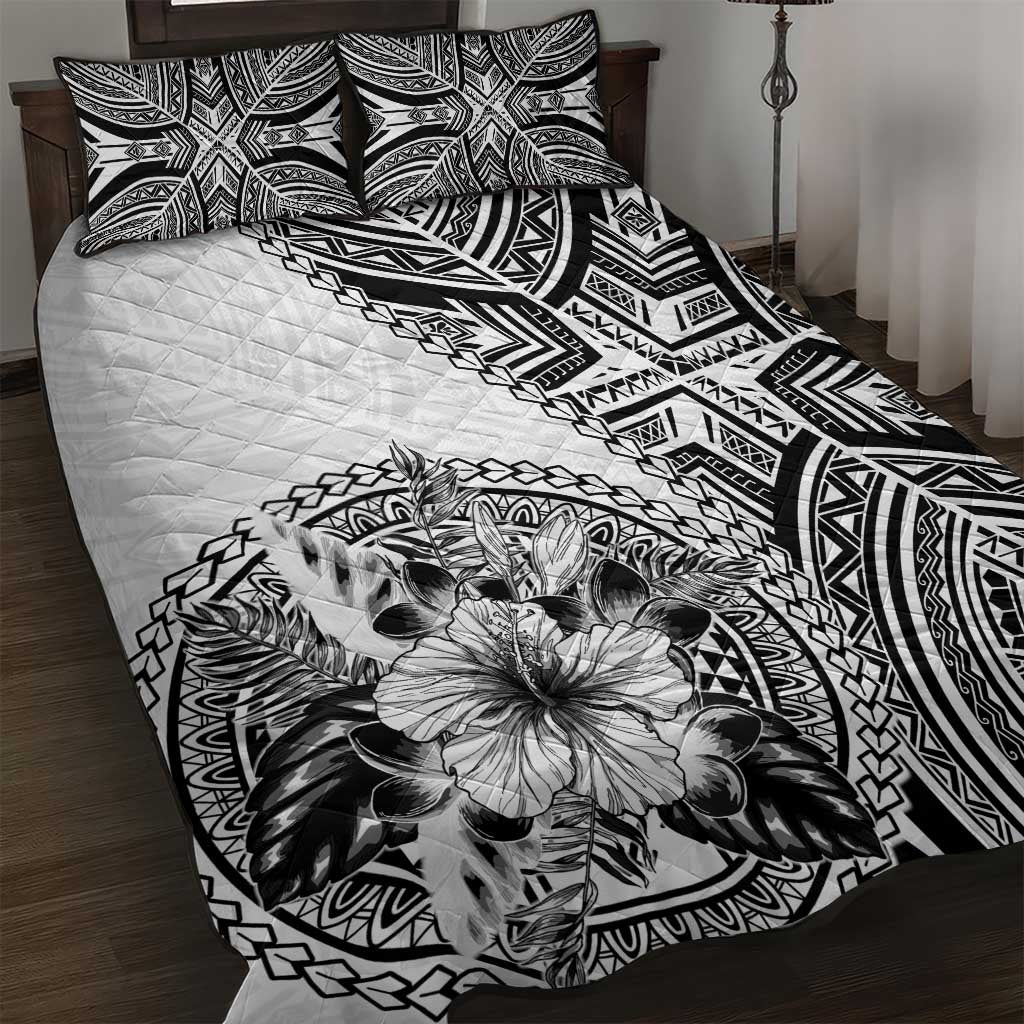 Hibiscus With White Austronesian Tattoo Pattern Quilt Bed Set LT05 White - Polynesian Pride