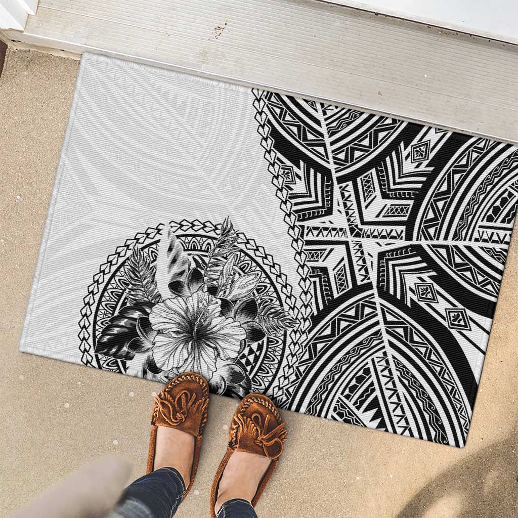 Hibiscus With White Austronesian Tattoo Pattern Rubber Doormat - Polynesian Pride