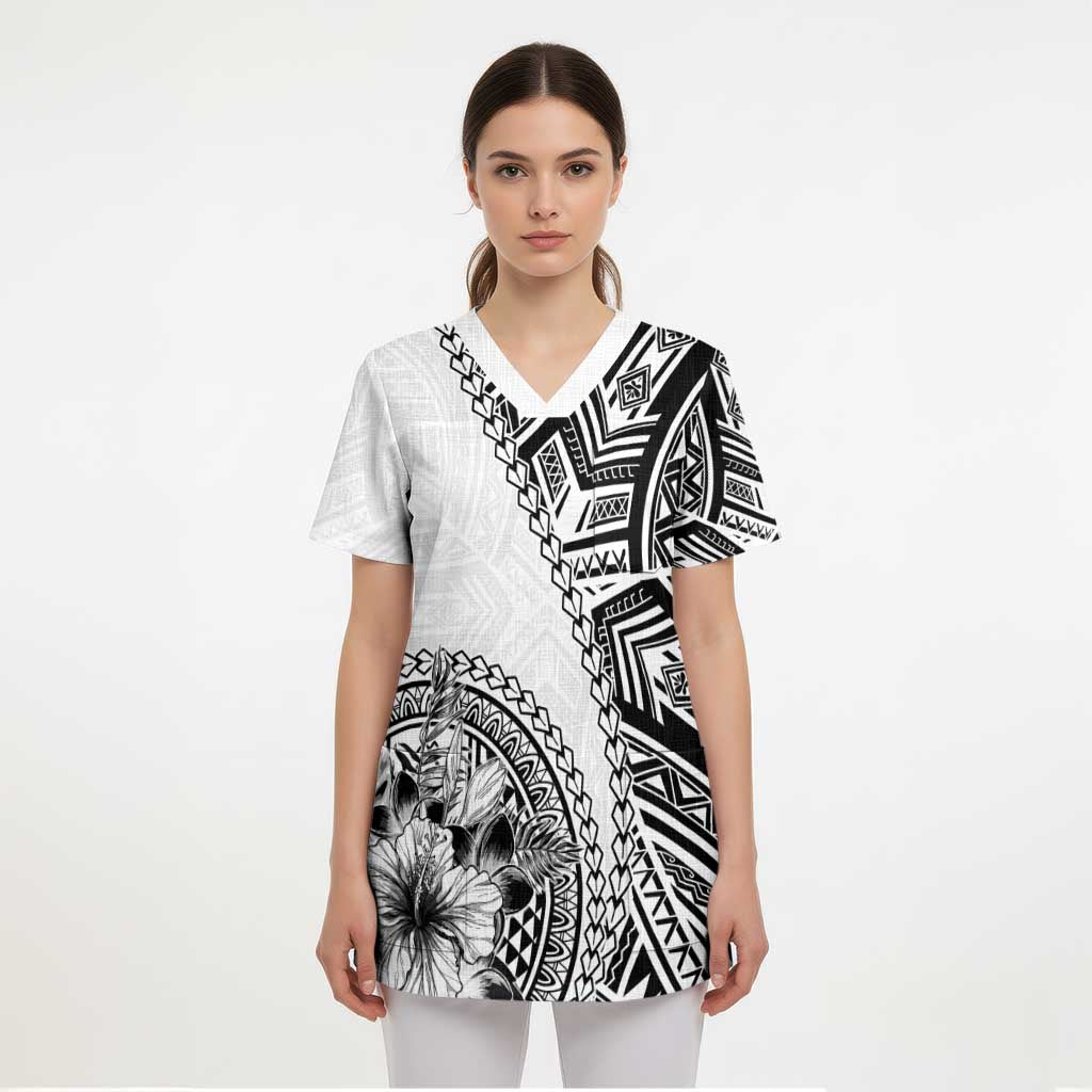 Hibiscus With White Austronesian Tattoo Pattern Scrub Top - Polynesian Pride