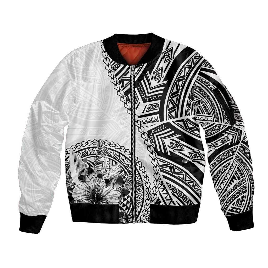 Hibiscus With White Austronesian Tattoo Pattern Sleeve Zip Bomber Jacket LT05 Unisex White - Polynesian Pride