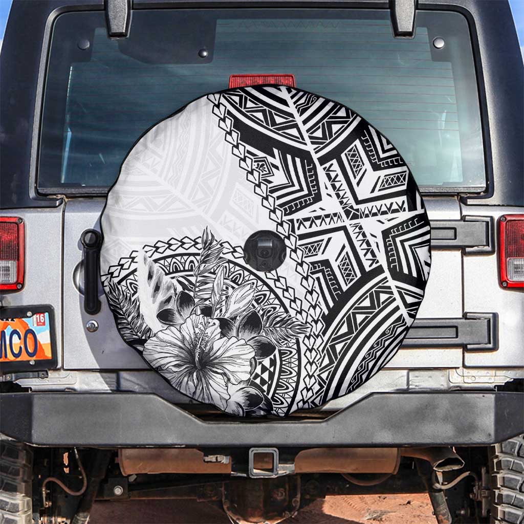 Hibiscus With White Austronesian Tattoo Pattern Spare Tire Cover LT05 White - Polynesian Pride