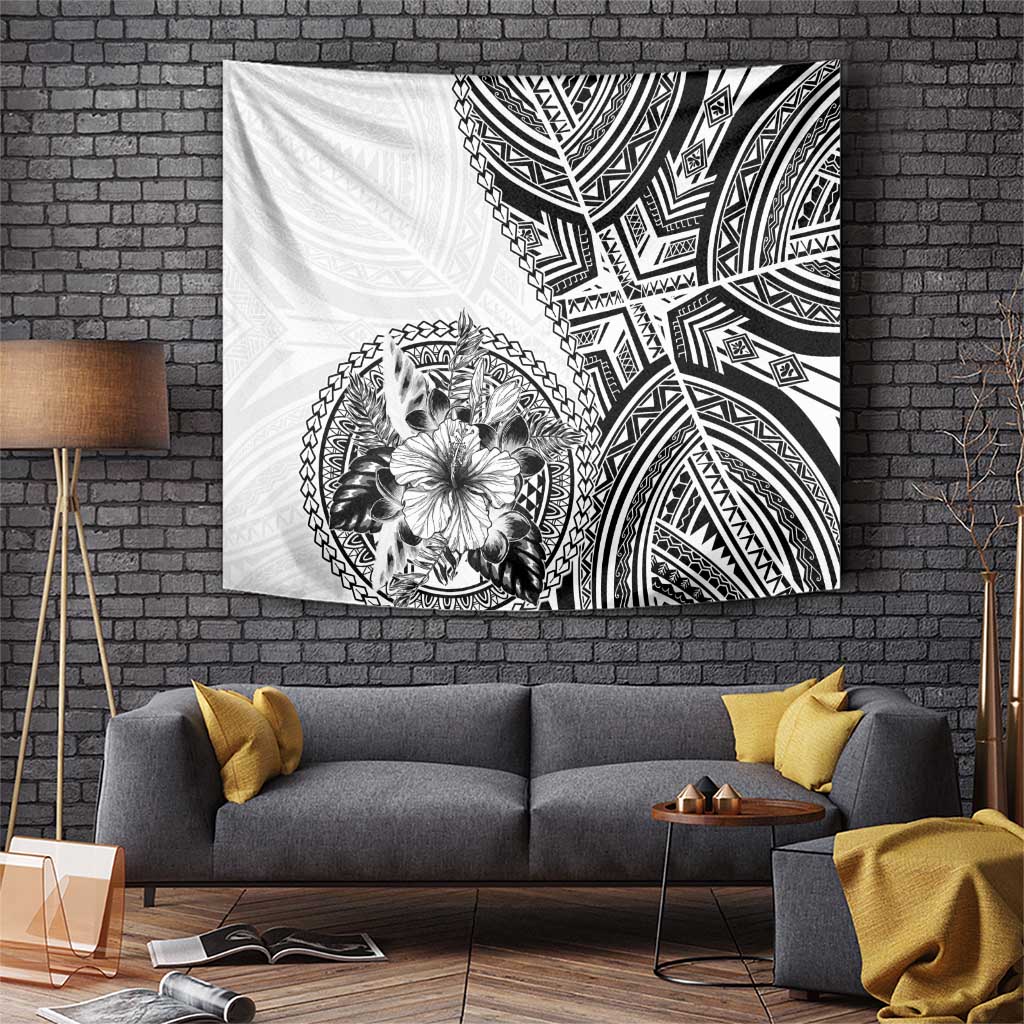 Hibiscus With White Austronesian Tattoo Pattern Tapestry LT05 White - Polynesian Pride