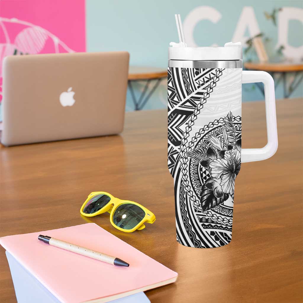 Hibiscus With White Austronesian Tattoo Pattern Tumbler With Handle - Polynesian Pride