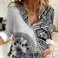 Hibiscus With White Austronesian Tattoo Pattern Women Casual Shirt - Polynesian Pride