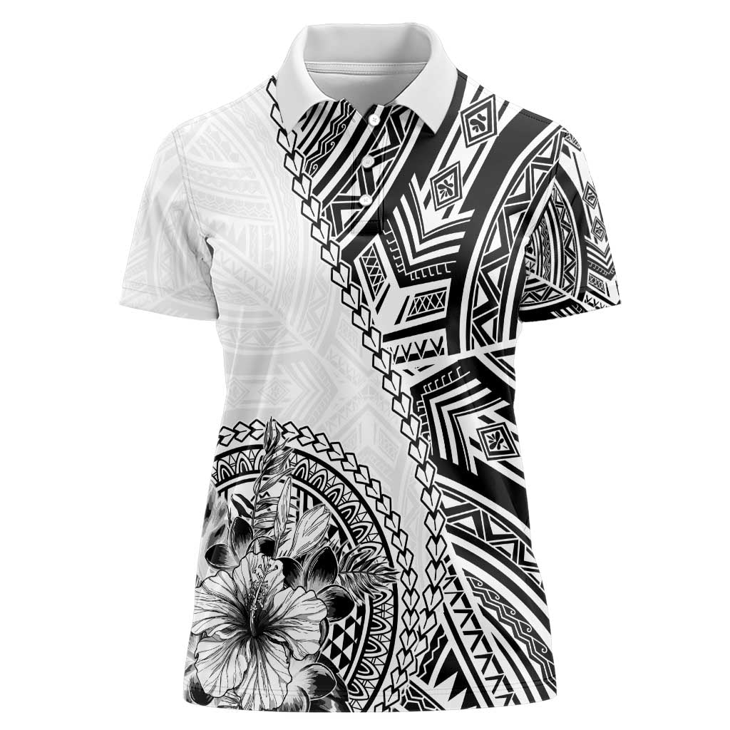 Hibiscus With White Austronesian Tattoo Pattern Women Polo Shirt - Polynesian Pride
