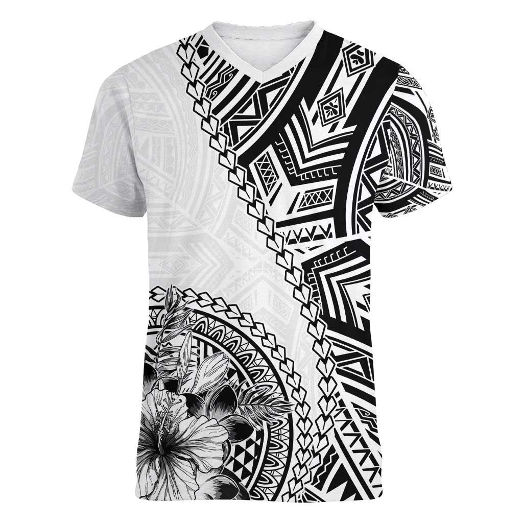 Hibiscus With White Austronesian Tattoo Pattern Women V-Neck T-Shirt LT05 Female White - Polynesian Pride