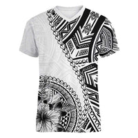 Hibiscus With White Austronesian Tattoo Pattern Women V-Neck T-Shirt - Polynesian Pride
