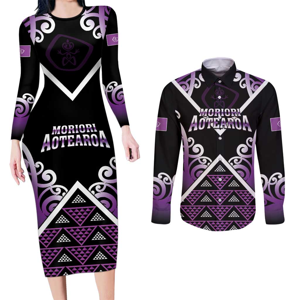 Personalised Aotearoa Moriori Couples Matching Long Sleeve Bodycon Dress and Long Sleeve Button Shirt Maori Pattern New Zealand - Polynesian Pride