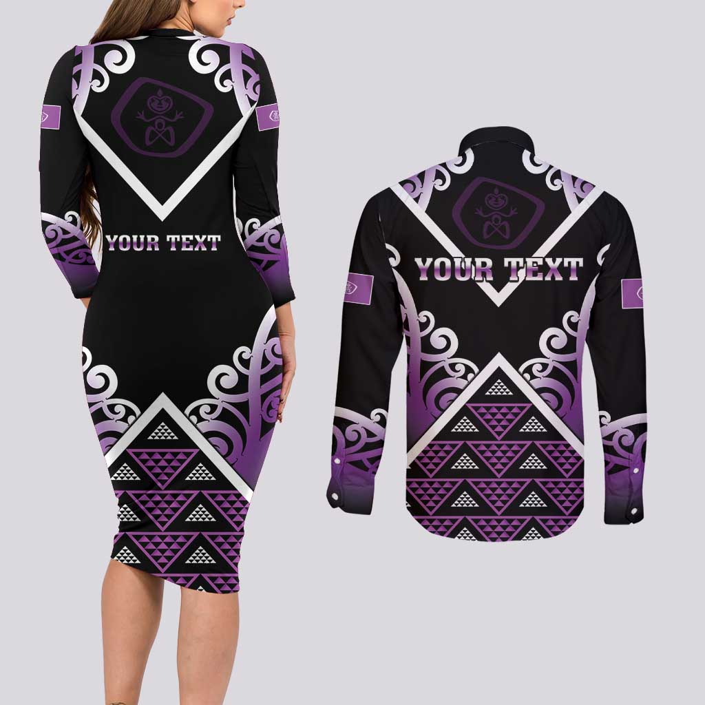 Personalised Aotearoa Moriori Couples Matching Long Sleeve Bodycon Dress and Long Sleeve Button Shirt Maori Pattern New Zealand - Polynesian Pride