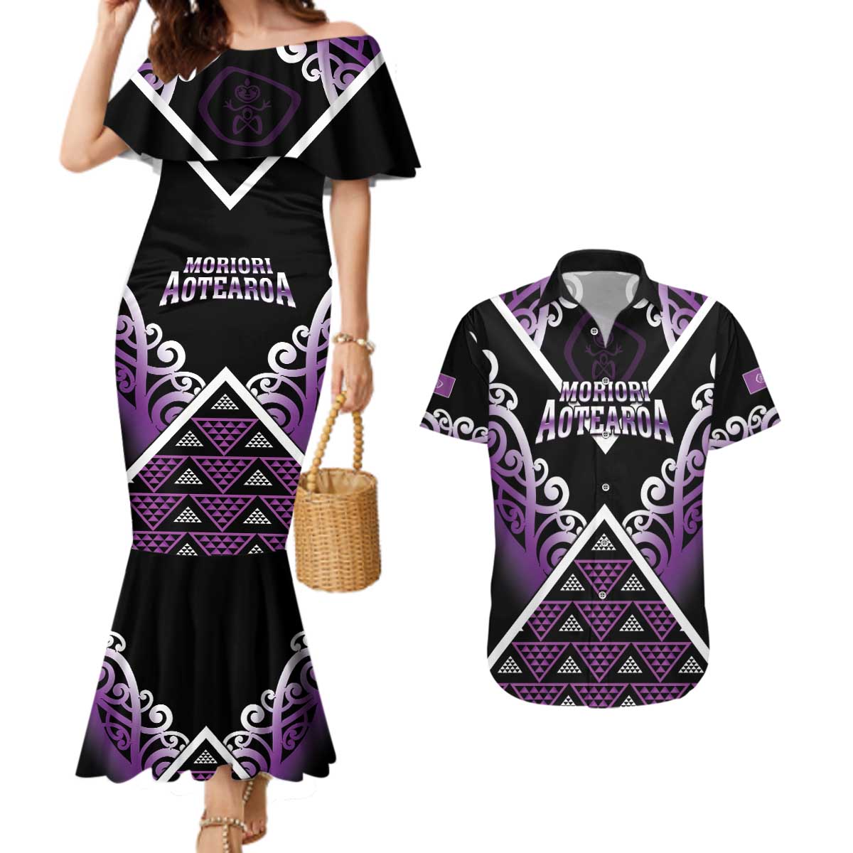 Personalised Aotearoa Moriori Couples Matching Mermaid Dress and Hawaiian Shirt Maori Pattern New Zealand - Polynesian Pride