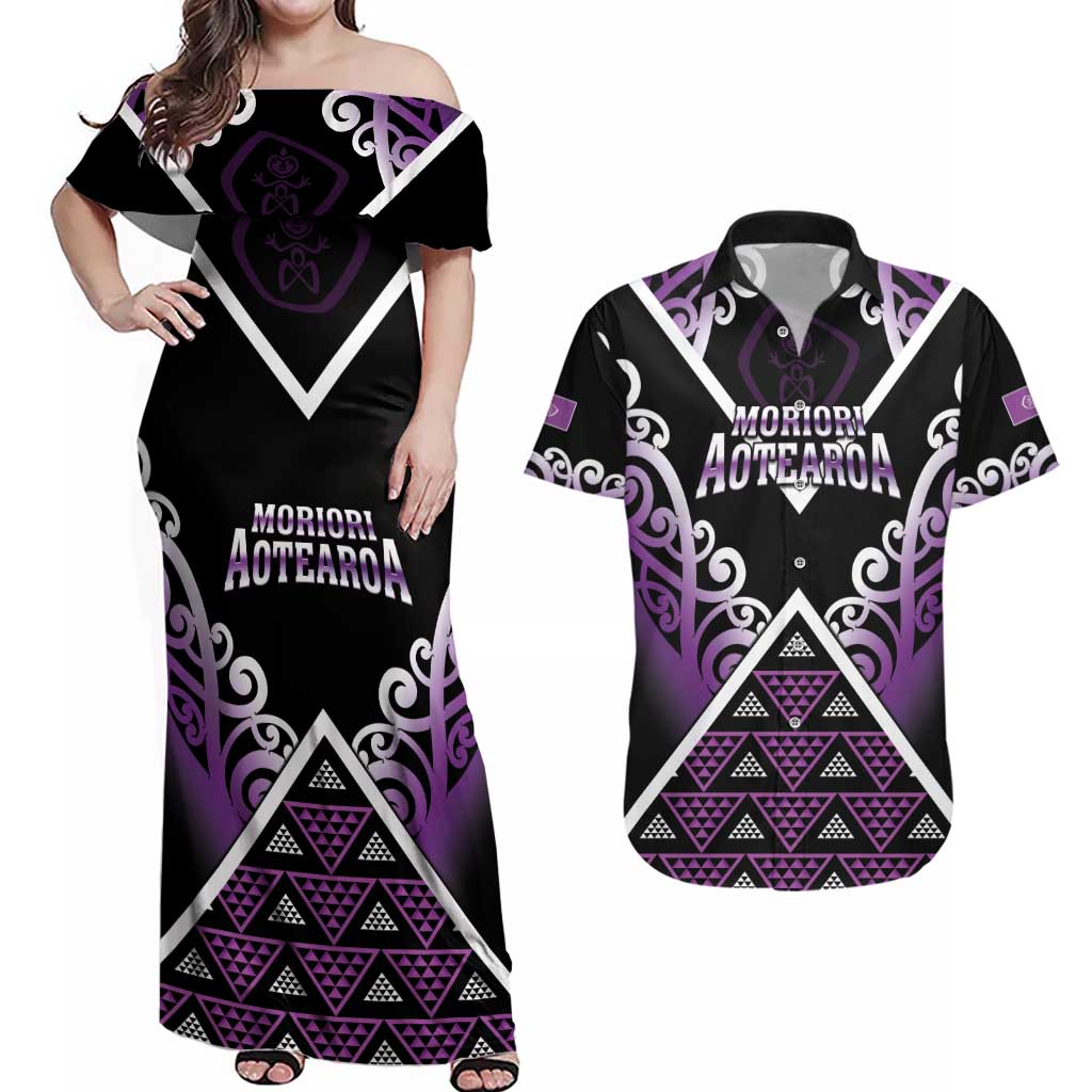 Personalised Aotearoa Moriori Couples Matching Off Shoulder Maxi Dress and Hawaiian Shirt Maori Pattern New Zealand - Polynesian Pride