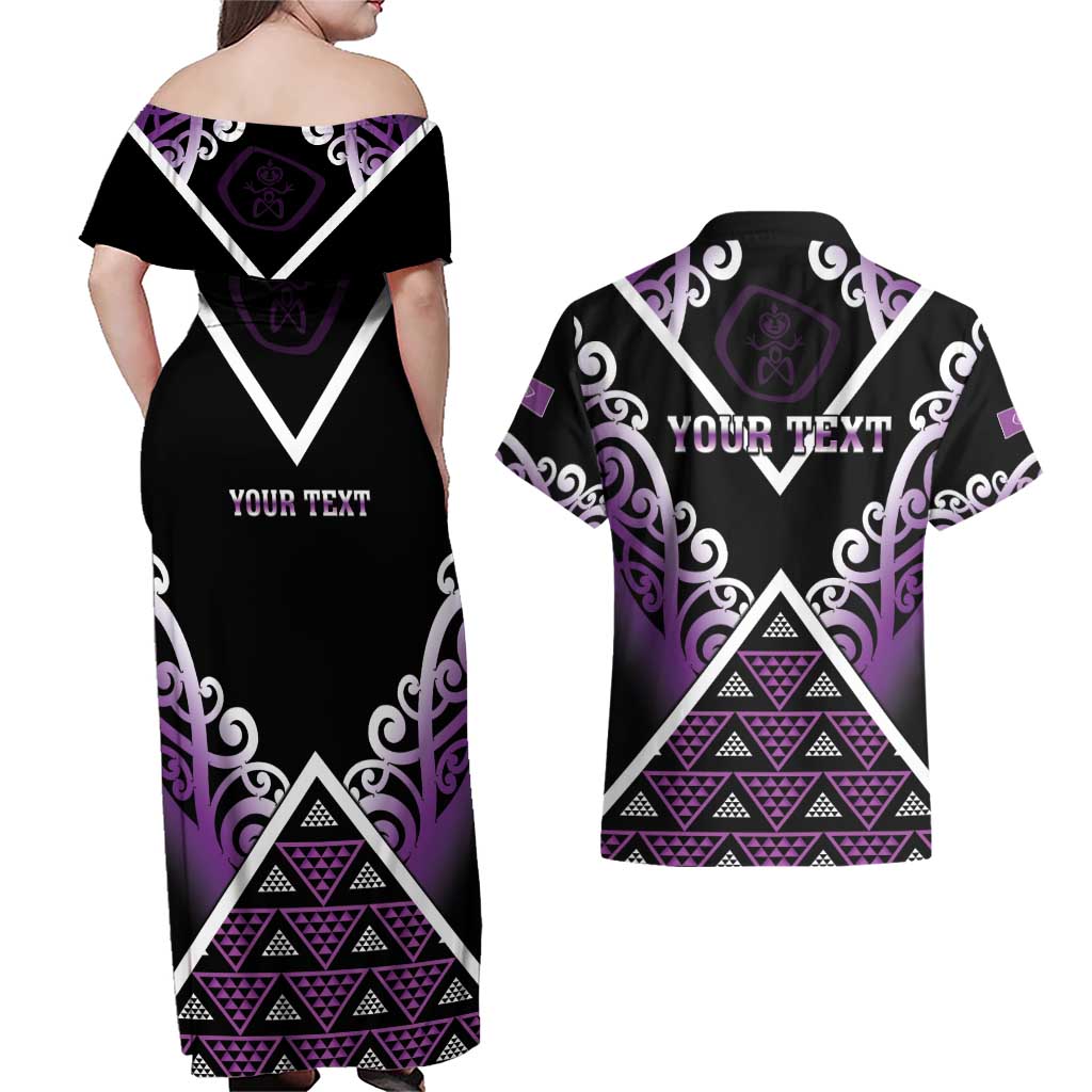 Personalised Aotearoa Moriori Couples Matching Off Shoulder Maxi Dress and Hawaiian Shirt Maori Pattern New Zealand - Polynesian Pride