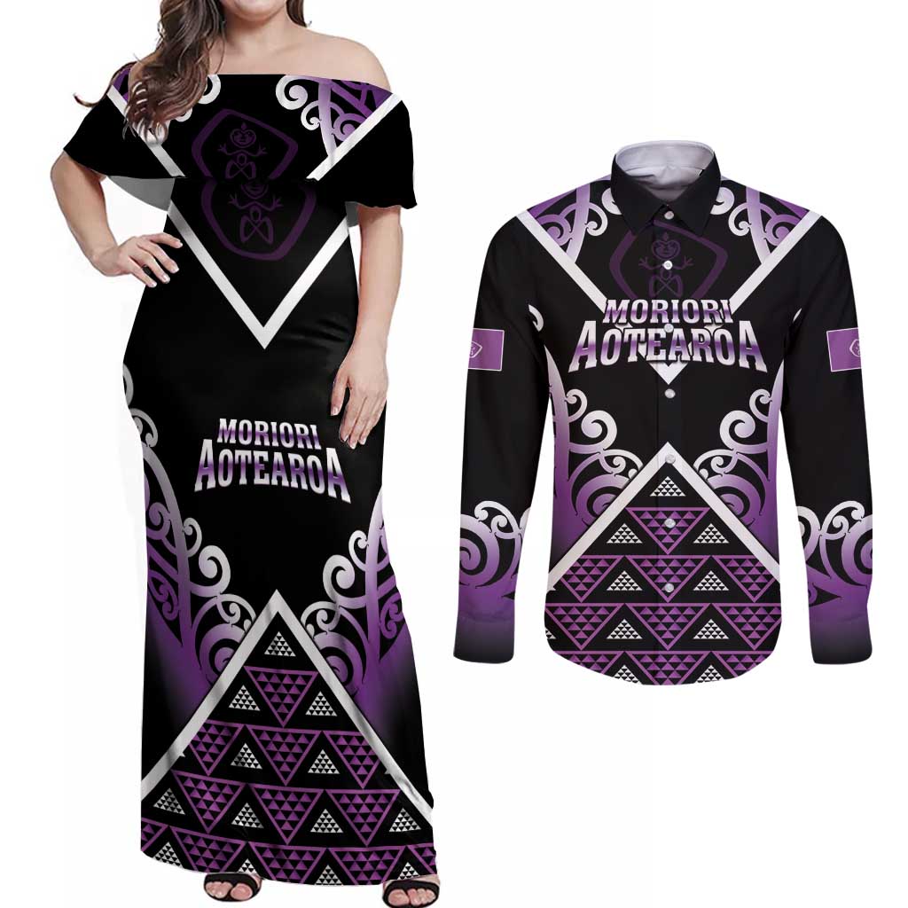 Personalised Aotearoa Moriori Couples Matching Off Shoulder Maxi Dress and Long Sleeve Button Shirt Maori Pattern New Zealand - Polynesian Pride