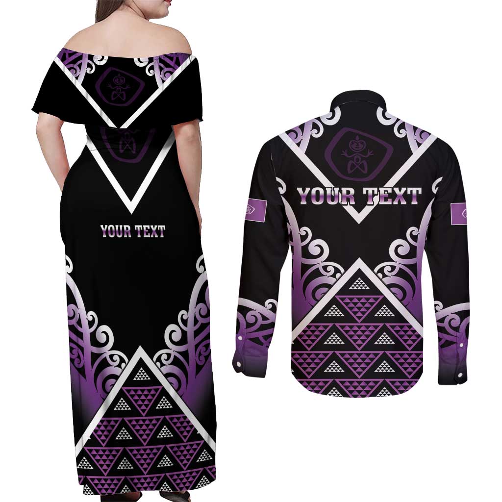 Personalised Aotearoa Moriori Couples Matching Off Shoulder Maxi Dress and Long Sleeve Button Shirt Maori Pattern New Zealand - Polynesian Pride