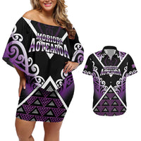 Personalised Aotearoa Moriori Couples Matching Off Shoulder Short Dress and Hawaiian Shirt Maori Pattern New Zealand - Polynesian Pride