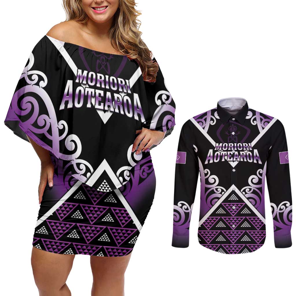 Personalised Aotearoa Moriori Couples Matching Off Shoulder Short Dress and Long Sleeve Button Shirt Maori Pattern New Zealand - Polynesian Pride