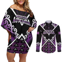 Personalised Aotearoa Moriori Couples Matching Off Shoulder Short Dress and Long Sleeve Button Shirt Maori Pattern New Zealand - Polynesian Pride