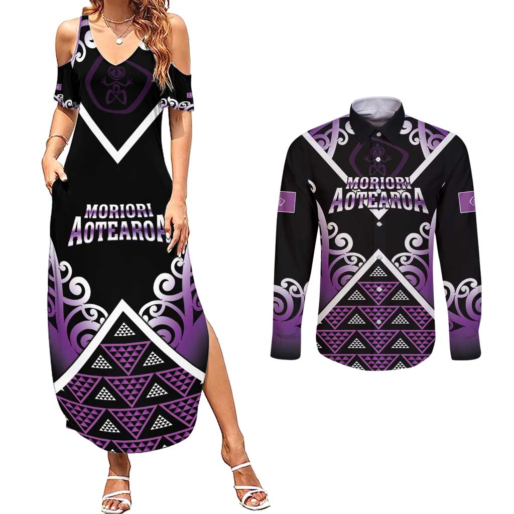 Personalised Aotearoa Moriori Couples Matching Summer Maxi Dress and Long Sleeve Button Shirt Maori Pattern New Zealand - Polynesian Pride