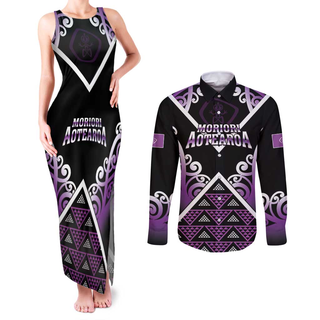 Personalised Aotearoa Moriori Couples Matching Tank Maxi Dress and Long Sleeve Button Shirt Maori Pattern New Zealand - Polynesian Pride